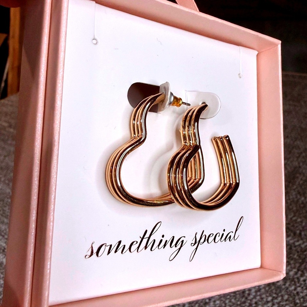 Something Special Gold Tone Triple Ribbed Heart Shaped Hoop Earrings Gift Boxed - Picture 2 of 5